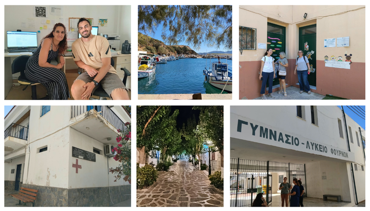 Πάνω αριστερά: το νοσηλευτικό και ιατρικό προσωπικό των Φούρνων. Πάνω δεξιά: εκπαιδευτικοί στο σχολείο των Φούρνων. Κάτω αριστερά: Το Πολυδύναμο Περιφερειακό Ιατρείο. Στη μέση: Μαγευτικά τοπία του νησιωτικού συμπλέγματος.