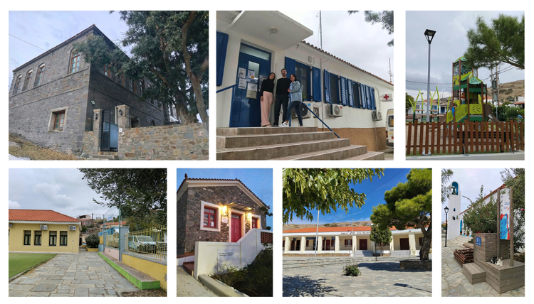 Επάνω αριστερά, η επιβλητική Μαράσλειος -Λογοθέτειος Σχολή. Επάνω στη μέση, το ιατρικό προσωπικό στο Πολυδύναμο Περιφερειακό Ιατρείο. Πάνω δεξιά: η παιδική χαρά στην κεντρική πλατεία. Κάτω αριστερά, το προαύλιο του σχολείου. Στη μέση αριστερά, το Μουσείο Δημοκρατίας και στη μέση δεξιά, το Δημαρχείο του Άη Στράτη. Κάτω δεξιά, ένα μνημείο σε κεντρικό δρόμο.